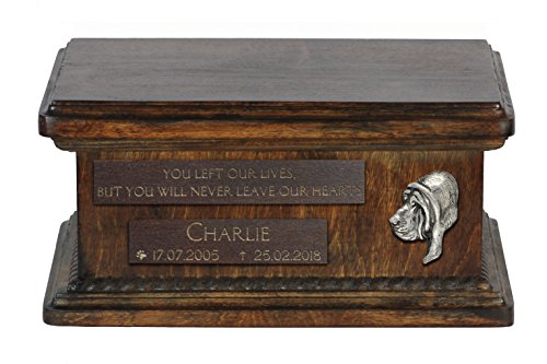 Art-Dog Urna Commemorativa Bassa Personalizzata - Ritratto In Bronzo Fuso A Freddo Fatto A Mano Su Base In Betulla - Vaso Di Lunga Durata - 8,3X11,4X4