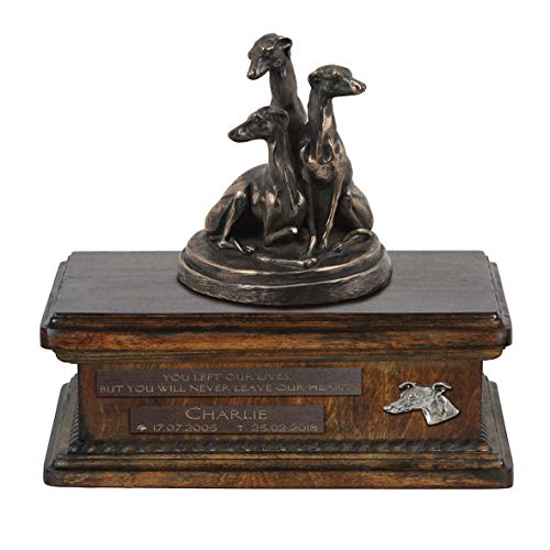 Art-Dog Urna Commemorativa Con Statua Personalizzata Per Cane Seduto - Bronzo Fuso A Freddo Fatto A Mano Su Base In Betulla - Urna Per Ceneri Di Cane