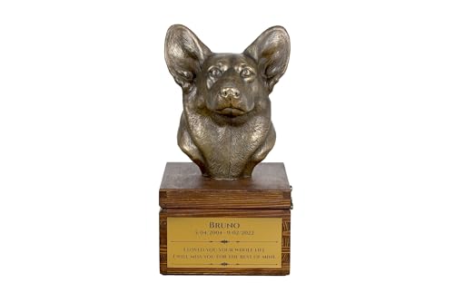 Art-Dog Urna Commemorativa Per Cani Personalizzata Fatta A Mano - Testa Di Cane In Bronzo Fuso A Freddo Su Base In Betulla - 16X28X16 Cm - Corgi Pembr