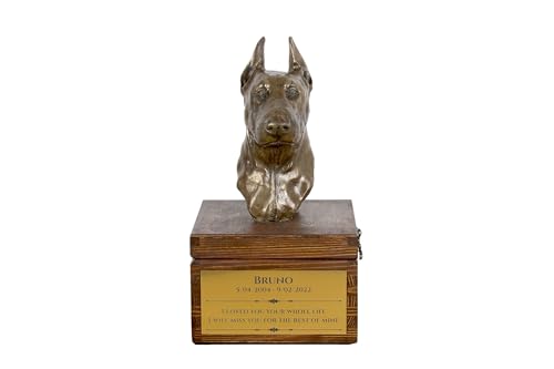 Art-Dog Urna Commemorativa Per Cani Personalizzata Fatta A Mano - Testa Di Cane In Bronzo Fuso A Freddo Su Base In Betulla - 16X28X16 Cm - Dobermann