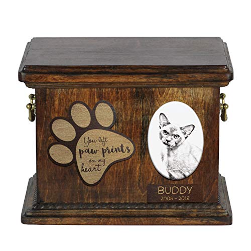Art-Dog Urna Commemorativa Per Gatti Personalizzata - Scatola In Legno Fatta A Mano Per Ceneri Con Piatto In Ceramica - Scatola Per Cremazione Per Gat