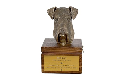 Art-Dog Urna Commemorativa Per Cani Personalizzata Fatta A Mano - Testa Di Cane In Bronzo Fuso A Freddo Su Base In Betulla - 16X28X16 Cm - Airedale Te