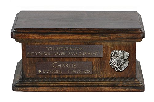 Art-Dog Urna Commemorativa Bassa Personalizzata - Ritratto In Bronzo Fuso A Freddo Fatto A Mano Su Base In Betulla - Vaso Di Lunga Durata - 8,3X11,4X4