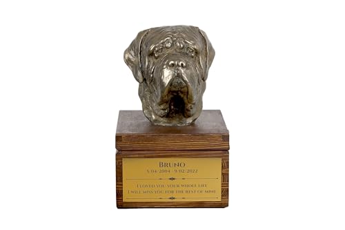 Art-Dog Urna Commemorativa Per Cani Personalizzata Fatta A Mano - Testa Di Cane In Bronzo Fuso A Freddo Su Base In Betulla - 16X28X16 Cm - Mastino Ing