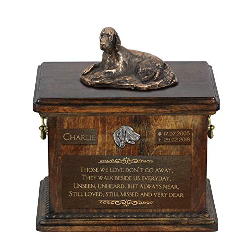 Art-Dog Urna Commemorativa Con Statua Personalizzata Per Cane Seduto - Bronzo Fuso A Freddo Fatto A Mano Su Base In Betulla - 8,3X11,4X8,7-5L - Setter