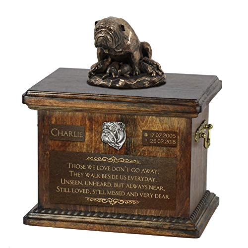 Art-Dog Urna Commemorativa Con Statua Personalizzata Per Cane Seduto - Bronzo Fuso A Freddo Fatto A Mano Su Base In Betulla - 8,3X11,4X8,7-5L - Bulldo