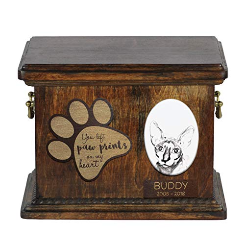 Art-Dog Urna Commemorativa Per Gatti Personalizzata - Scatola In Legno Fatta A Mano Per Ceneri Con Piatto In Ceramica - Scatola Per Cremazione Per Gat