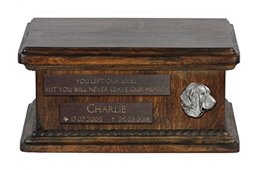 Art-Dog Urna Commemorativa Bassa Personalizzata - Ritratto In Bronzo Fuso A Freddo Fatto A Mano Su Base In Betulla - Vaso Di Lunga Durata - 8,3X11,4X4