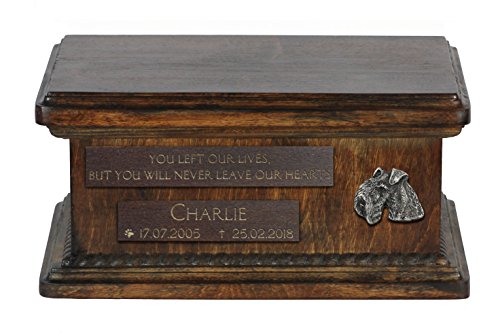 Art-Dog Urna Commemorativa Bassa Personalizzata - Ritratto In Bronzo Fuso A Freddo Fatto A Mano Su Base In Betulla - Vaso Di Lunga Durata - 8,3X11,4X4