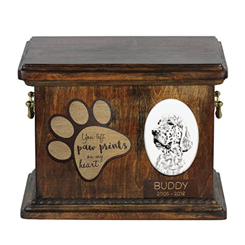 Art-Dog Urna Commemorativa Per Cani Personalizzata - Ritratto In Bronzo Fuso A Freddo Fatto A Mano Su Base In Betulla Con Piatto - 8,3X11,4X8,7" - Set