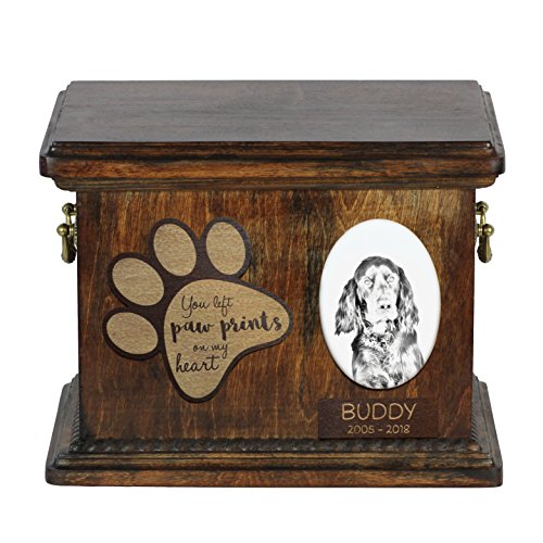 Art-Dog Urna Commemorativa Per Cani Personalizzata - Ritratto In Bronzo Fuso A Freddo Fatto A Mano Su Base In Betulla Con Piatto - 8,3X11,4X8,7" - Set