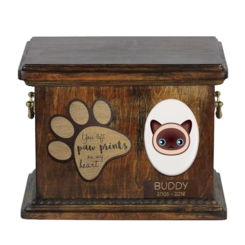 Art-Dog Urna Commemorativa Per Gatti Personalizzata - Scatola In Legno Fatta A Mano Con Piatto In Ceramica - Scatola Per Cremazione Personalizzata Per