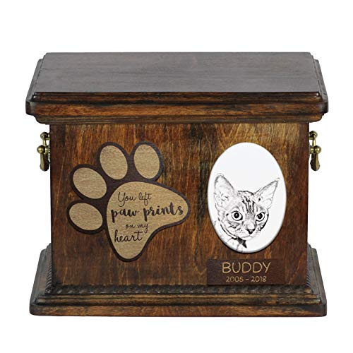 Art-Dog Urna Commemorativa Per Gatti Personalizzata - Scatola In Legno Fatta A Mano Per Ceneri Con Piatto In Ceramica - Scatola Per Cremazione Per Gat