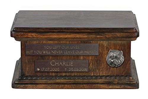 Art-Dog Urna Commemorativa Bassa Personalizzata - Ritratto In Bronzo Fuso A Freddo Fatto A Mano Su Base In Betulla - Vaso Di Lunga Durata - 8,3X11,4X4