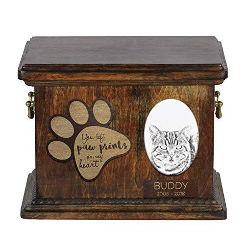 Art-Dog Urna Commemorativa Per Gatti Personalizzata - Scatola In Legno Fatta A Mano Per Ceneri Con Piatto In Ceramica - Scatola Per Cremazione Per Gat
