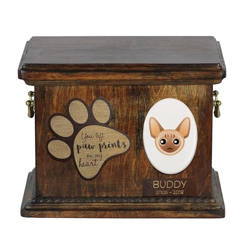Art-Dog Urna Commemorativa Per Gatti Personalizzata - Scatola In Legno Fatta A Mano Con Piatto In Ceramica - Scatola Per Cremazione Personalizzata Per