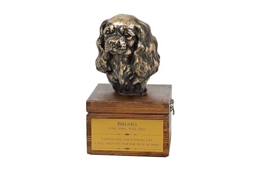 Art-Dog Urna Commemorativa Per Cani Personalizzata Fatta A Mano - Testa Di Cane In Bronzo Fuso A Freddo Su Base In Betulla - 16X28X16 Cm - Re Carlo Sp