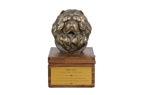Art-Dog Urna Commemorativa Per Cani Personalizzata Fatta A Mano - Testa Di Cane In Bronzo Fuso A Freddo Su Base In Betulla - 16X28X16 Cm - Chow Chow