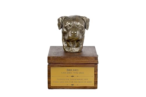 Art-Dog Urna Commemorativa Per Cani Personalizzata Fatta A Mano - Testa Di Cane In Bronzo Fuso A Freddo Su Base In Betulla - 16X28X16 Cm - Rottweiler
