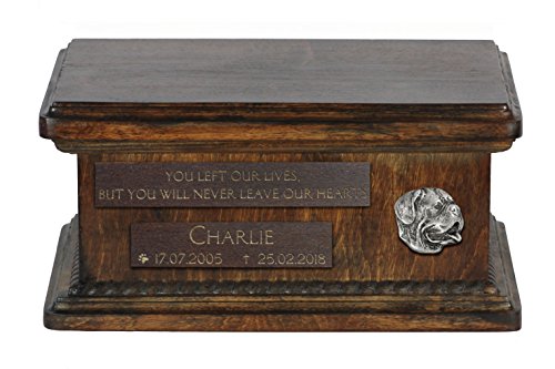 Art-Dog Urna Commemorativa Bassa Personalizzata - Ritratto In Bronzo Fuso A Freddo Fatto A Mano Su Base In Betulla - Vaso Di Lunga Durata - 8,3X11,4X4