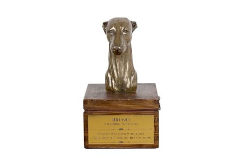 Art-Dog Urna Commemorativa Per Cani Personalizzata Fatta A Mano - Testa Di Cane In Bronzo Fuso A Freddo Su Base In Betulla - 16X28X16 Cm - Whippet
