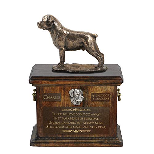 Art-Dog Urna Commemorativa Con Statua Personalizzata Per Cane Seduto - Bronzo Fuso A Freddo Fatto A Mano Su Base In Betulla - 8,3X11,4X8,7-5L - Rottwe