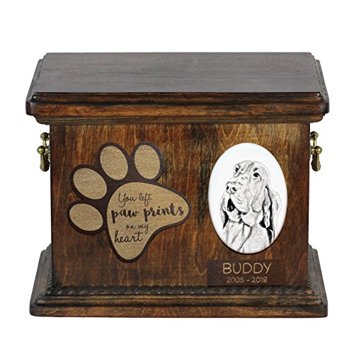 Art-Dog Urna Commemorativa Per Cani Personalizzata - Ritratto In Bronzo Fuso A Freddo Fatto A Mano Su Base In Betulla Con Piatto - 8,3X11,4X8,7" - Seg