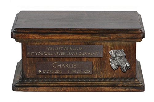 Art-Dog Urna Commemorativa Bassa Personalizzata - Ritratto In Bronzo Fuso A Freddo Fatto A Mano Su Base In Betulla - 8,3X11,4X4,3" - Airdale Terrier (