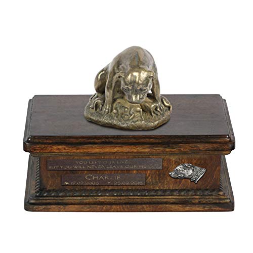 Art-Dog Urna Commemorativa Con Statua Personalizzata Per Cane Seduto - Bronzo Fuso A Freddo Fatto A Mano Su Base In Betulla - 8,3X11,4X8,7-5L - Staffo