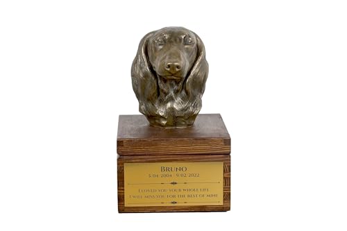 Art-Dog Urna Commemorativa Per Cani Personalizzata Fatta A Mano - Testa Di Cane In Bronzo Fuso A Freddo Su Base In Betulla - 16X28X16 Cm - Bassotto Ii
