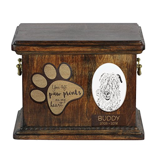 Art-Dog Urna Commemorativa Per Cani Personalizzata - Ritratto In Bronzo Fuso A Freddo Fatto A Mano Su Base In Betulla Con Piatto - 8,3X11,4X8,7" - Ter