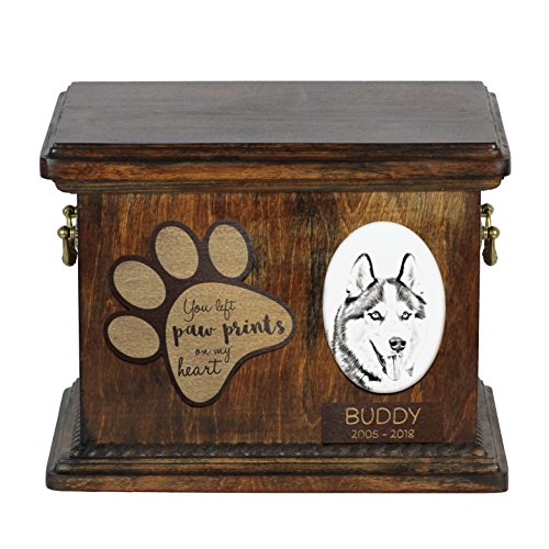 Art-Dog Urna Commemorativa Per Cani Personalizzata - Ritratto In Bronzo Fuso A Freddo Fatto A Mano Su Base In Betulla Con Piatto - 8,3X11,4X8,7" - Hus