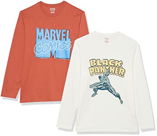 Amazon Essentials Disney | Marvel | Star Wars T-Shirt A Maniche Lunghe Uomo, Pacco Da 2, Marvel Comic Logo/Marvel Black Panther, Xs