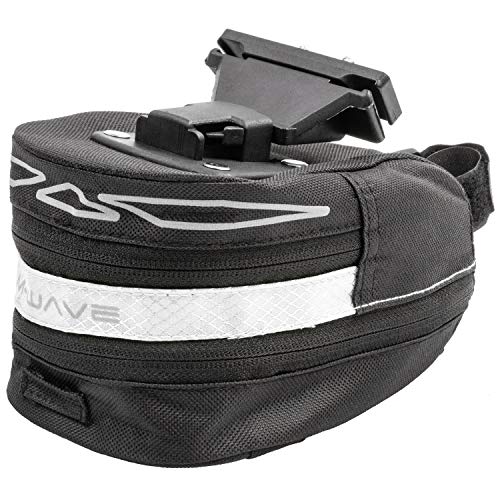 M-Wave Clip-On Saddle Bag, White, Through Zipper Enalrgable At The Bottom, With Light Bracket And 3 Elastic Straps At The Bottom, With Reflective Tape