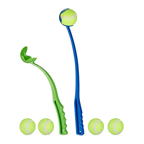 Relaxdays Lancia Palla Per Cani, Set Da 2 Giocattolo Ball Launcher Per Animali Domestici, 5 Palline Da Tennis, Blu Verde