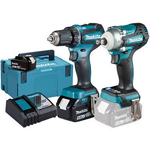 Makita Dlx2452Tj - Kit Combinato Per Auto, 18 V (Ddf485 + Dtw300) / 5,0 Ah, 2 Batterie + Caricatore In Makpac