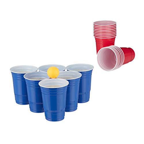 Relaxdays Beer Pong Set, Kit Da 50 Bicchieri Con 6 Palline, Gioco Alcolico, Giochi Con Birra, Volume 16 Oz, Rosso/Blu, 10032656