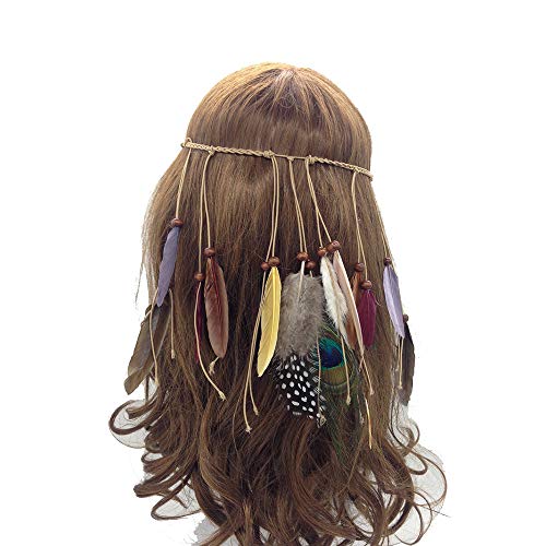 Jurxy Adjustable Peacock Feather Headband Indian Trailing Feather Bohemian Weave Headdress Headpieces With Tassel Beads – Brown- Style 2