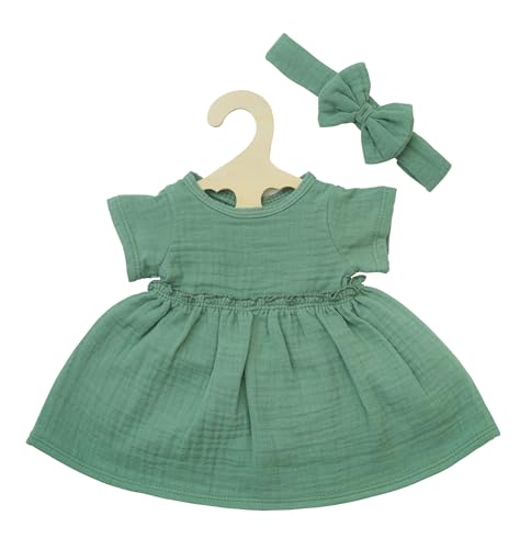 Heless 1424-Vestiti 100% Cotone Biologico, Set Di 2 Pezzi Con Vestito E Fascia Per Capelli In Verde Salvia Per Bambole E Peluche Di Dimensioni 28-35 C