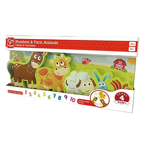 Hape Numbers & Farm Animal Puzzle Double-Sided Wooden Jigsaw Game For Kids 10-Piece, Multi-Coloured
