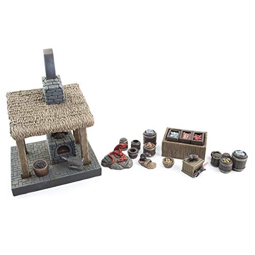War World Gaming Fantasy Village Set Fucina Del Fabbro E Mercato - 28Mm Heroic Scala Medievale Wargame Terrain Modello Diorama Villaggio Guerra Battag