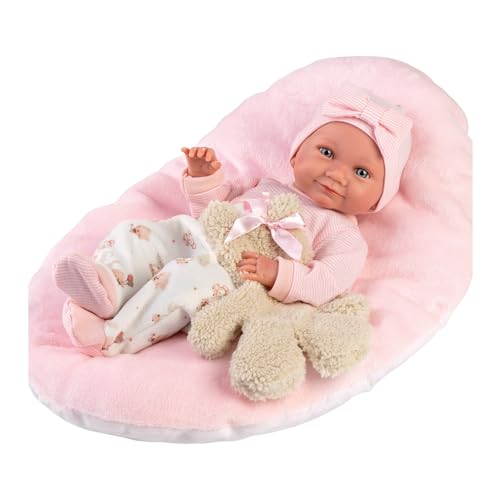 Llorens 1073808 - Bambola Nica Con Occhi Azzurri, Con Corpo In Vinile, Con Vestito, Orsacchiotto E Cuscino Rosa, 40 Cm