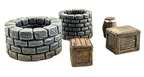 War World Gaming Fantasy Village Set Pozzi, Casse E Barili - 28Mm Heroic Scala Medievale Wargame Terrain Modello Diorama Villaggio Guerra Battaglia Ca