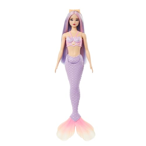 Barbie - Sirena, Bambola Con Capelli Rosa E Lilla E Cerchietto Fantasia, Corpetto Ispirato Alle Conchiglie E Coda Color Lavanda, Giocattolo Per Bambin