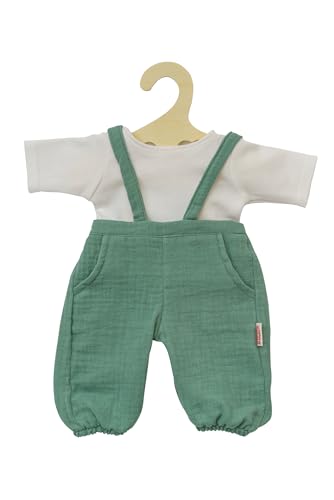 Heless 1416-Vestiti 100% Cotone Biologico, Set Di 2 Pezzi Con Salopette In Verde Salvia E Maglietta Bianca Per Bambole E Peluche Di Dimensioni 28-35 C