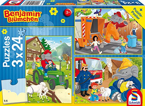 Schmidt Spiele Gmbh Bluemchen Benjamin The Elephant Schmidt Spiele Puzzle 56207, Colore Blu, In Aktion, 3 X 24 Teile