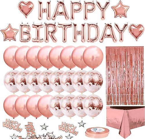 Izoel Decorazioni Compleanno Rose Oro Per Ragazzi Festone Di Compleanno Happy Birthday, 24 Coriandoli Palloncini, Tovaglia, Tenda A Frange, 10G Corian