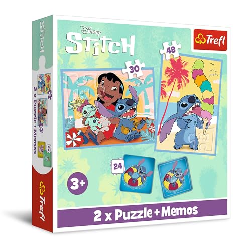 Trefl - Lilo & Stitch, Una Giornata Felice Di Lilo&Stitch - 3In1: 2 Puzzle + Memory Game, Puzzle Con Gli Eroi Della Fiaba, 30 E 48 Pezzi, 24 Giochi Di