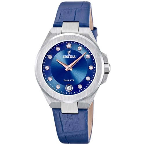 Festina Mademoiselle Orologio Donna F20701/4 Cassa In Acciaio Inox 316L Argento Cinturino In Pelle Blu, Blu