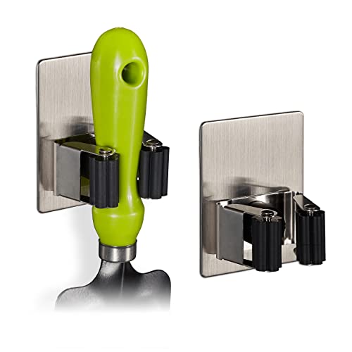 Relaxdays 10030742 Porta Scope Da Muro Adesivo, Set Da 2, Carico 3Kg, Attrezzi Da Casa E Giardino, Acciaio Inox E Gomma, Argento, 1 Pz